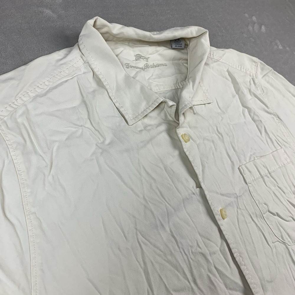 Tommy Bahama Silk Shirt Mens Large Ivory Loop Collar Short Sleeve Beach Vacation